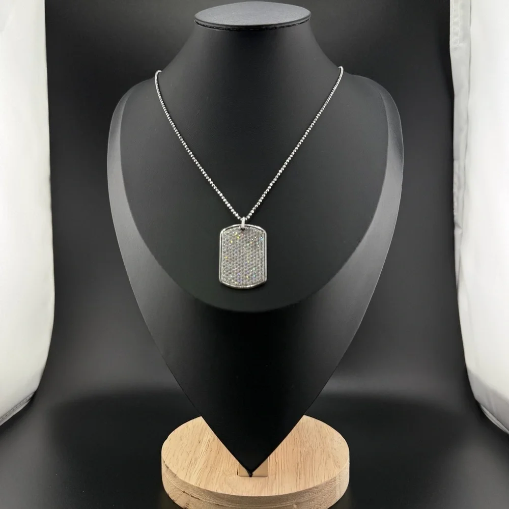 925 Sterling Silver CZ Dog Tag Necklace Made in Turkey Ball Chain Unisex Pendant